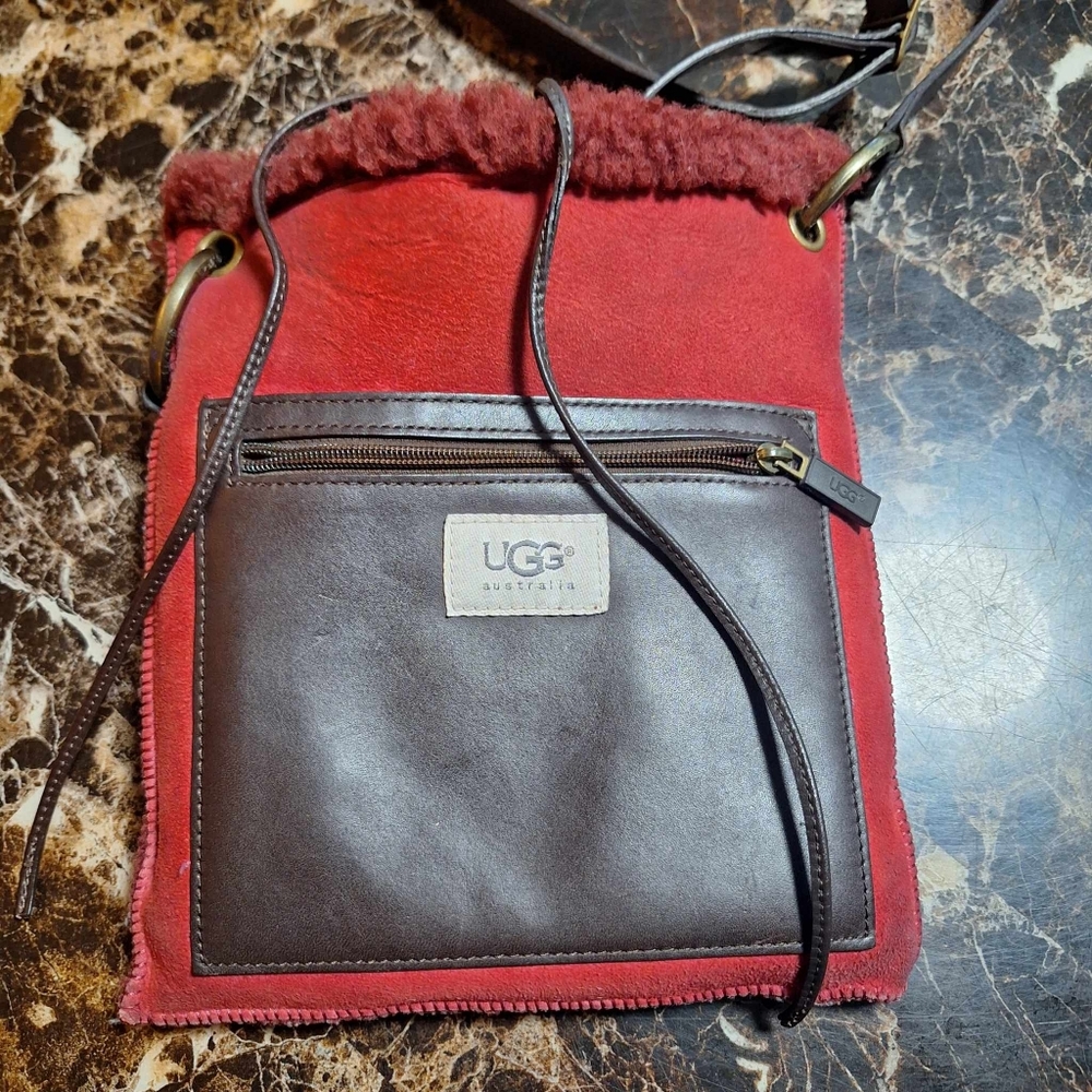 UGG Suede Leather Sherling Sheepskin Crossbody Messenger Bag with leather strap